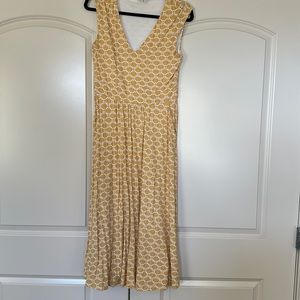 Boden gold fan print soft jersey knit sleeveless midi dress US 8 euc